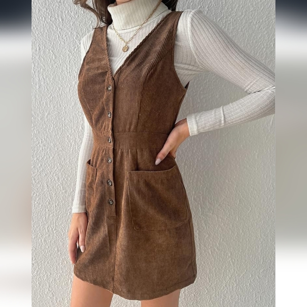 Brown Corduroy Button-Down Dress